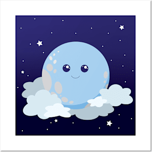 Cute Moon in a Cloudy Night Sky Posters and Art